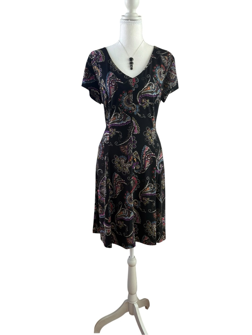 Black Paisley V-Neck Short Sleeve Dress, Connected Apparel, Size 10